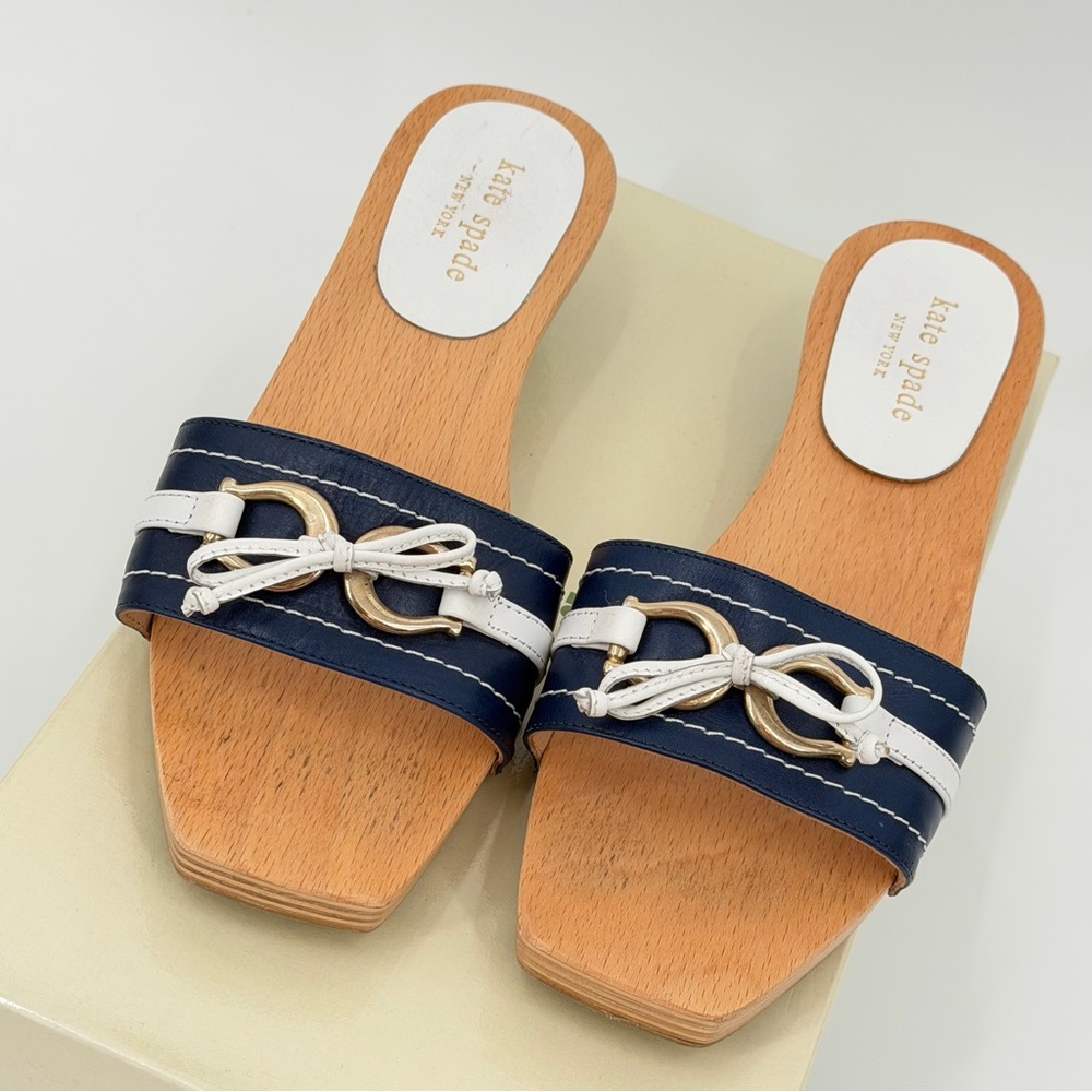 Kate Spade Blue and White Knot Slide Sandals